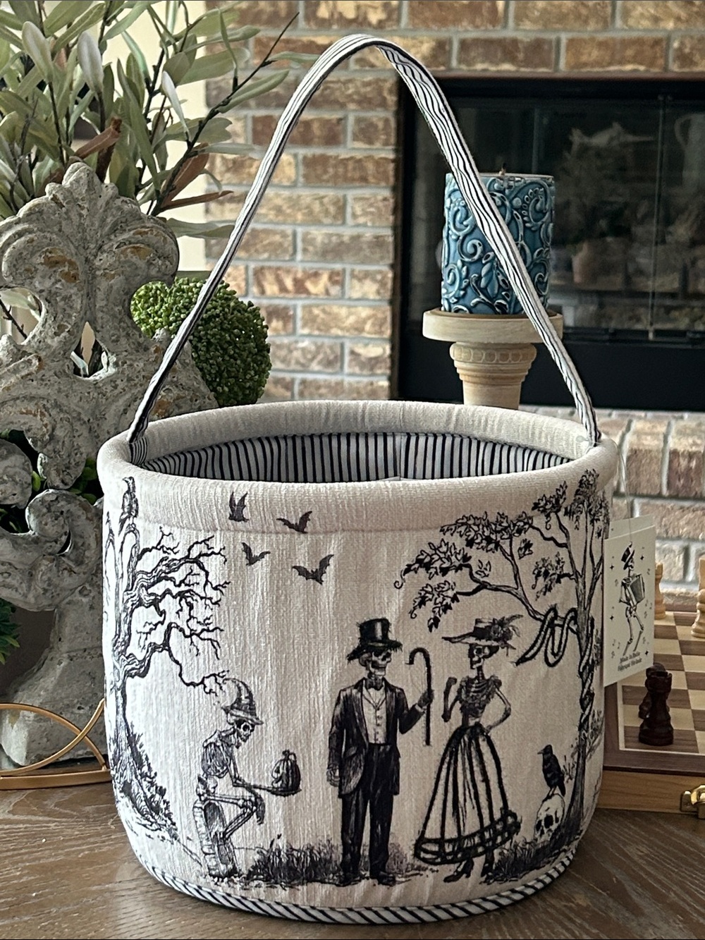 NEW! Vintage Inspired Halloween Victorian Skeleton Trick or Treat Tote Basket